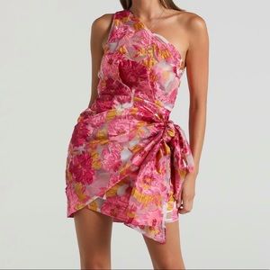 Pink and yellow floral one shoulder dress